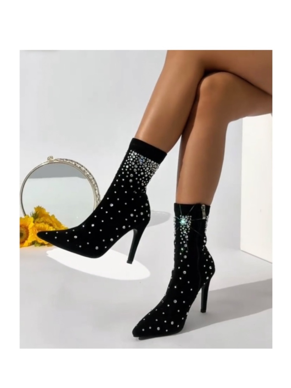 New Black Microsuede Rhinestone Pointed-Toe Stiletto Zipper High-Ankle Boots 41